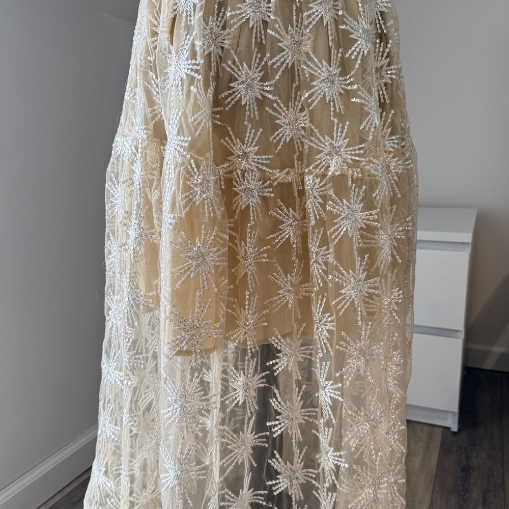 Maje Beige and White Star Embroidered Maxi Skirt